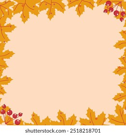 Autumn square frame of leaves and berries. Vector illustration.
