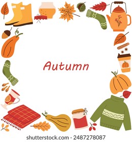 Autumn. Square frame with leaves, pumpkin and the inscription Autumn. Vector illustration of elements for creative banner, card, invitation, eps 10