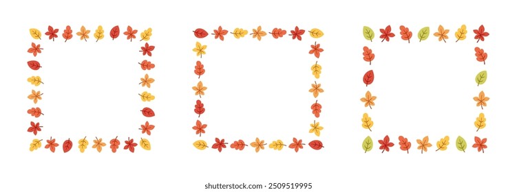 Marco cuadrado del otoño con las hojas fijadas. Ilustración vectorial moderna. Halloween, Plantilla fronteriza de Acción de Gracias.