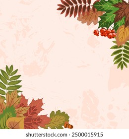 autumn square frame, lots of bright fallen leaves framed with an empty center on a light textured background. colorful vector illustration on an autumn theme