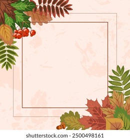 autumn square frame, lots of bright fallen leaves framed with an empty center on a light textured background. colorful vector illustration on an autumn theme