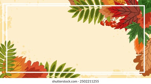 autumn square frame, lots of bright fallen leaves framed with an empty center on a light textured background. colorful vector illustration on an autumn theme