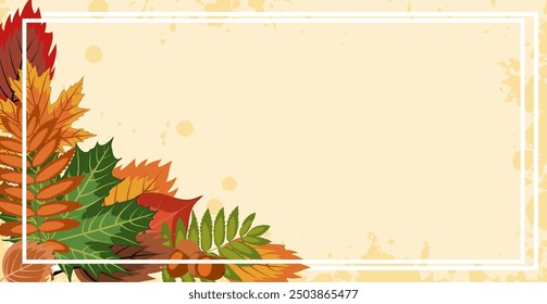 autumn square frame, lots of bright fallen leaves framed with an empty center on a light textured background. colorful vector illustration on an autumn theme