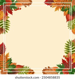 autumn square frame, lots of bright fallen leaves framed with an empty center on a light textured background. colorful vector illustration on an autumn theme