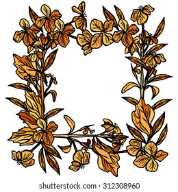 autumn square frame made of branches and flowers, leaves and flowers, sketch, orange and black on white background. Vector