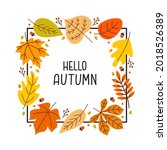 Autumn square frame with seasonal leaves and acorns on a white background. Modern vector illustration. All objects are isolated