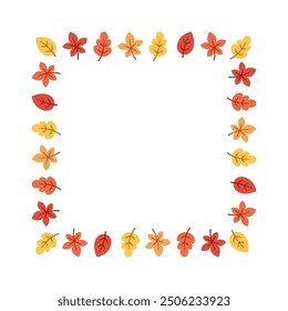 Autumn square frame with seasonal leaves on a white background. Modern vector illustration. Halloween, Thanksgiving border template.