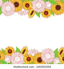 Autumn square frame with sunflowers. Template for postcards. Hand-drawn illustration. Vector.
