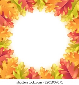 Marco cuadrado de otoño con un lugar de copia redondeada blanca para el texto. Fondo claro con hojas de roble. Ilustración vectorial para postal, pegatina, volante, afiche, invitación, logotipo, etiqueta, insignia.