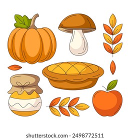 Composición geométrica cuadrada de otoño de Elementos de otoño. Calabaza, boletus o porcini, mermelada, tarta, manzana y hojas. Ilustración vectorial de temporada moderna para impresión, textil, pegatina, redes sociales, postal