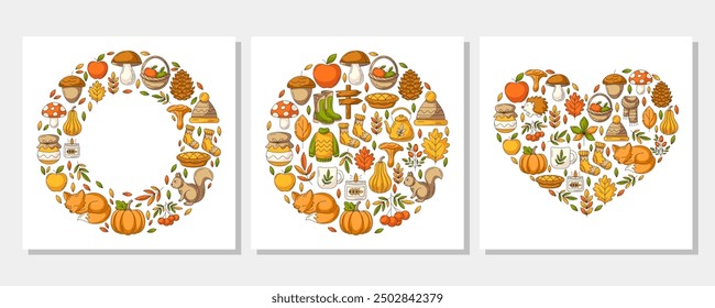 Autumn square poster set from round, heart shape, circle frame with space for text. Colorful cozy seasonal fall elements. Vector flat illustration for greeting card, invitation, poster, print