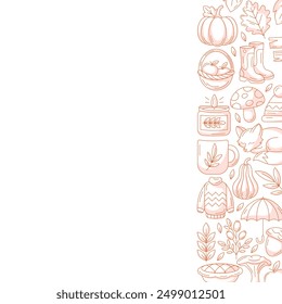 Autumn square poster with space for text. Minimalist monochrome red right side border frame with fall seasonal cozy elements. For card, banner, invitation, social media, festival or postcard.