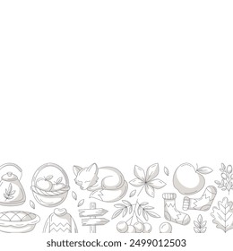 Autumn square poster with space for text. Minimalist monochrome gray bottom border frame with fall seasonal cozy elements. For card, banner, invitation, social media, festival or postcard