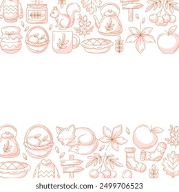 Autumn square poster, space for text. Minimalist monochrome red  bottom and upper frame with fall seasonal cozy elements, food, clothes, mushrooms, animals. For card, banner, invitation, social media