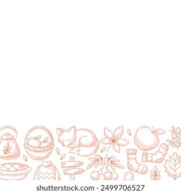Autumn square poster with space for text. Minimalist monochrome red bottom border frame with fall seasonal cozy elements. For card, banner, invitation, social media, festival or postcard