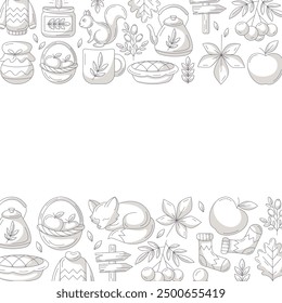 Cartel cuadrado de otoño, espacio para texto. Minimalista monocromo gris inferior y marco superior con Elementos acogedores de temporada de otoño, comida, ropa, setas, animales. Para tarjeta, Anuncio, invitación, redes sociales
