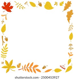 Autumn square thin frame with seasonal leaves and acorns. Flat color vector illustration isolated on white background.