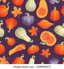 Autumn squash pattern. Pumpkin seamless print for scrapbook, halloween or thanksgiving fall holiday decoration orange cartoon pumpkins with maple leaf ingenious vector illustration