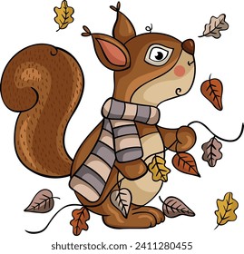 Autumn squirrel with fall leaves in doodle style