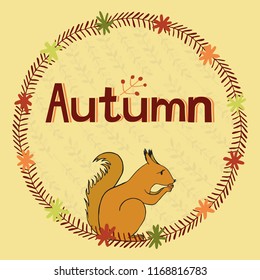 Autumn squirrel grass frame vector illustration hand drawing text card