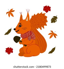 Autumn squirrel with mushrooms and leaves. Doodle vector illustration