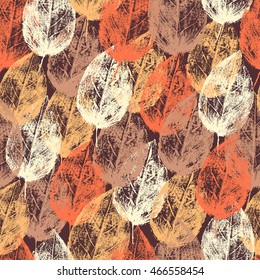 Autumn stamp imprint leaves, hand drawn sketch, Seamless vector pattern, herbal texture, decorative background for wallpaper, textile, packaging organic natural project, design cosmetic, fabric