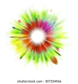 Autumn starting blurred circle label with blur rays and leaves. Abstract vector season backdrop. 
