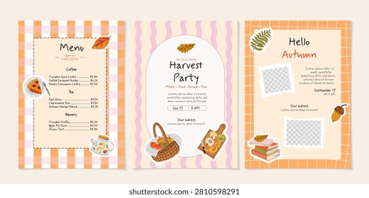 Autumn stationery template set with cozy fall illustrations and warm colors. Includes menu, invitation and photo collage layouts for harvest festivals, seasonal events, cafes, restaurants