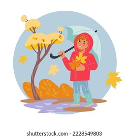 Autumn sticker or banner in circle frame with child walking with umbrella, flat vector illustration isolated on white background. Autumn fall season decorative banner design.