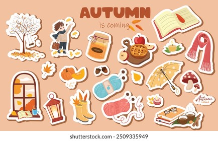 Conjunto de Clipart de pegatinas de otoño. Conjunto de Vector de elemento de otoño. Elemento de caída. Árbol, niño, miel, libro, té, ventana, calabaza, hilo de lana, paraguas, lámpara, bufanda. Vector plano en estilo de dibujos animados aislado