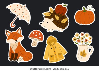 Autumn sticker collection featuring a cute fox, hedgehog with apple and autumn leaves, pumpkin, mushroom, raincoat, umbrella, floral jug, and cozy fall elements with white outline borders. Charming seasonal illustration set inspired by woodland animals, harvest time, rainy weather, and hygge lifestyle, perfect for sticker packs, planners, greeting cards, scrapbooking, journals, printable crafts, stationery, packaging, classroom materials, children's products, social media, and digital design. Warm autumn nature collection with forest icons, cozy accessories, and decorative botanical details, ideal for Thanksgiving, October and November themes, fall branding, seasonal promotions, printable decor, and creative DIY projects.
