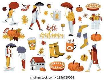 Colección de stickers de otoño. Conjunto de adorables dibujos animados de otoño. Temporada de otoño. Colección de elementos del libro de recortes para fiesta, festival de otoño o día de Acción de Gracias.