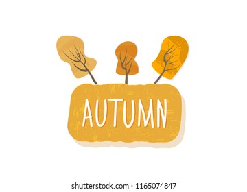 Autumn sticker with decorative trees. Handwritten lettering with decoration. Element for season design. Vector illustration.