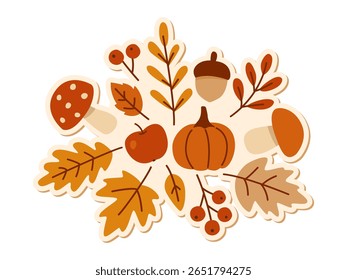 Adesivo de outono com folhas, bolotas, bagas, abóboras, cogumelos. Impressão sazonal do outono. Ilustração vetorial para tecido, têxtil, papel de parede, papel de embrulho, cartões