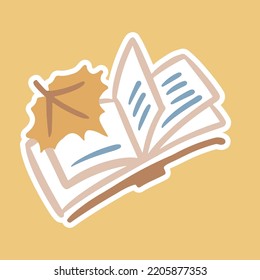 Autumn sticker. Open book with yellow flax leaf. Diary of a student, notebook, romance, warm, comfort, herbarium. Vector doodle flat cute style.