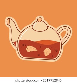 Autumn sticker in orange shades. A teapot with a warm drink, tea and spices. Cozy autumn