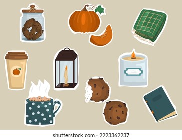 Autumn sticker pack composition with cookies, pumpkins and other household items. Isolated fall icons for web and children's books or banners