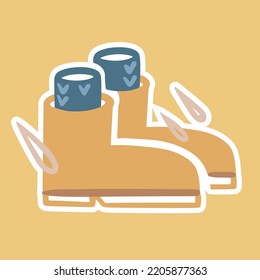 Autumn sticker. Rubber boots or shoes with warm knitted socks. Rain, warm, comfort, coolness. Vector doodle cute flat cartoon style.