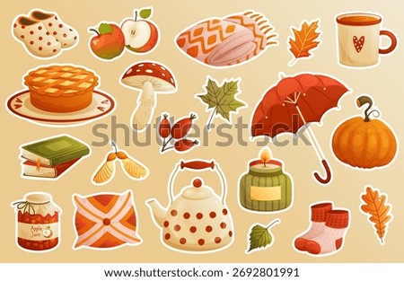 Autumn sticker set. Cozy autumn elements. Umbrella, pumpkin, pie, teapot, socks, candle, pillow, blanket. Vector illustration.