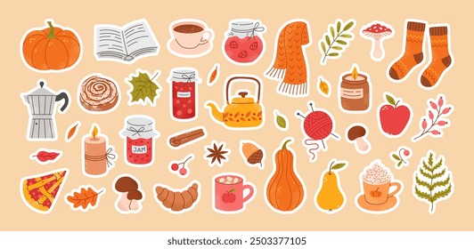 Autumn sticker set. Cozy fall icons. Scarf, candles, hot cocoa, socks, pie, pumpkin spice latte, mug, jam, leaves, mushrooms. Cute autumn holiday elements. Vector flat illustration.