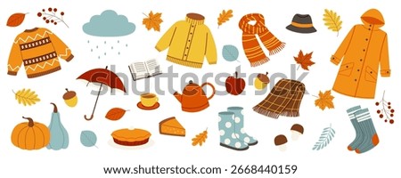Autumn sticker set. Cozy fall icons. Scarf, hot tea, socks, pie, pumpkin,  leaves, mushrooms, sweater and others. Hand drawn illustration. Flat design. Vector illustration