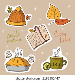 autumn sticker set cup of tea with lemon leaves hat open book and apple pie