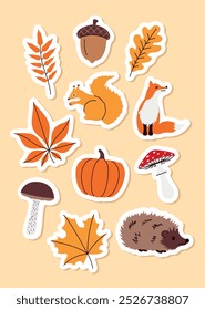 autumn sticker set, fall symbols, cute vector design elements for kids