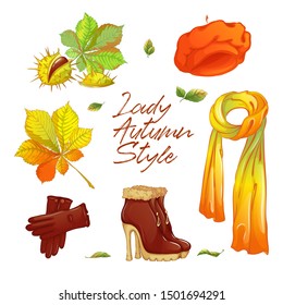 Autumn sticker set for fashionable lady. High-heeled ankle boots, delicate scarf, orange beret, leather gloves, chestnut and chestnut leaf.