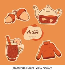 Autumn sticker set in orange shades. Acorns, sweater, teapot with warm drink, tea and spices