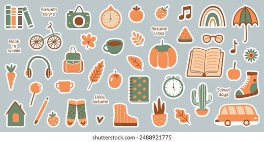Autumn sticker set. Plants, flowers, vegetables, school themed elements and lettering phrases. Cute flat clip art. Vector illustration.