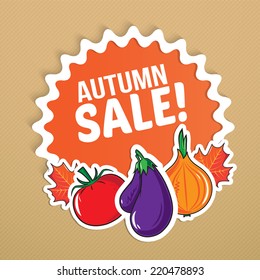 Autumn sticker with vegetables. Bright colorful elements and promotional text. Eps 10 vector illustration.