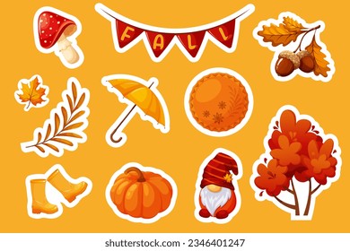 Autumn stickers with base for cutting on printer. Autumn plant, gnome, pie, boots, umbrella, leaves, mushrooms, fly agaric. Vector illustration in cartoon style