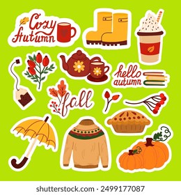 Autumn stickers big collection with cute autumnal cozy elements.Fall season elements perfect for scrapbook, card, poster, invitation, sticker kit. Vector illustration