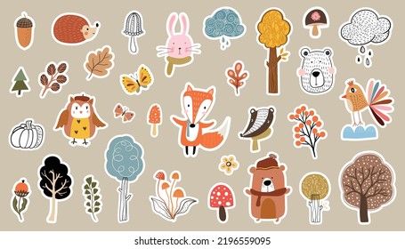 Autumn stickers collection with cute animals and seasonal elements